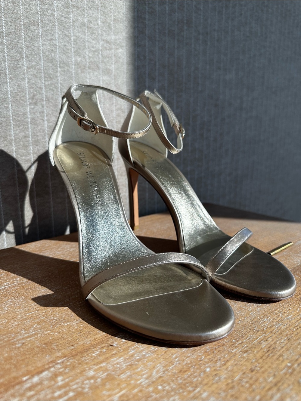 Stuart Weitzman Metallic Taupe Ankle-Strap Heels